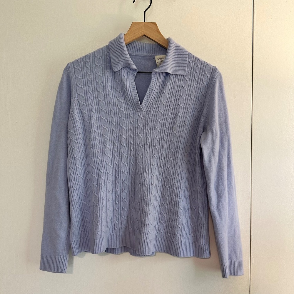 St. John's Bay | Women's Vintage Periwinkle Blue Cable Knit Polo Sweater, Size L